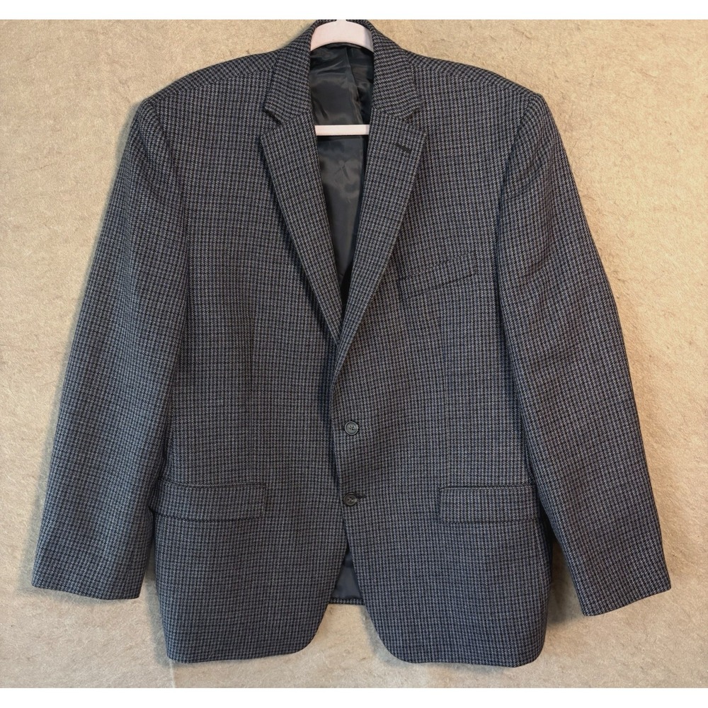 Chaps Wool Houndstooth Blazer‎ Mens 44R (46"Chest) Blue Gray Elbow Patches